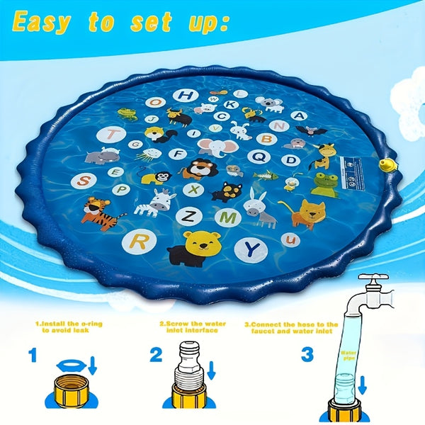 Extra Large Inflatable Sprinkler Pad for Kids, Smart Scientist 26 Alphabets and Animal Patterns, Durable Outdoor Yard Lawn Water Toy Pad for Lawn, Beach, Garden, Summer Park, Alphabet Learning Toys