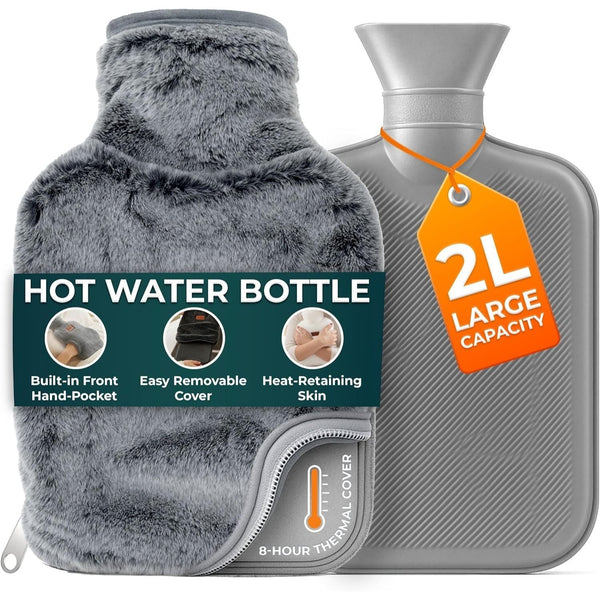 Hot Water Bottle - 2L Hot Water Bottle for Pain Relief, Hand and Foot Warmer - Luxury, Soft and Washable Hot Water Bag for Hot and Cold