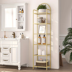 Bookcase Bookshelf, Tempered Glass Bookshelves, Slim Shelving Unit for Bedroom, Bathroom, Home Office, Steel Frame, 6 Tier Golden, Standing Shelf