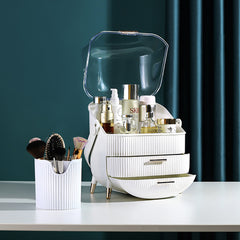 Jewelry Storage Box, White Makeup Organiser Storage Box with 2 Drawers, 25*18.5*37cm Cosmetic Organiser, Large Capacity Multi-Function Make Up Case with Clear Lid, Jewelry Display Case, Cosmetics Storage Box Suitable for Necklace, Bracelet, Watch, Earring