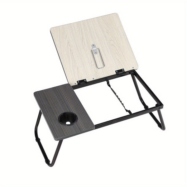 [Cozy Comfort] Versatile Folding Laptop Desk with Cup Holder - 5-Level Adjustable Tilt, Portable & Sturdy Wooden Frame, Ideal for Reading, Studying & Serving Breakfast in Bed - Available in Black, Walnut, Natural, Pink