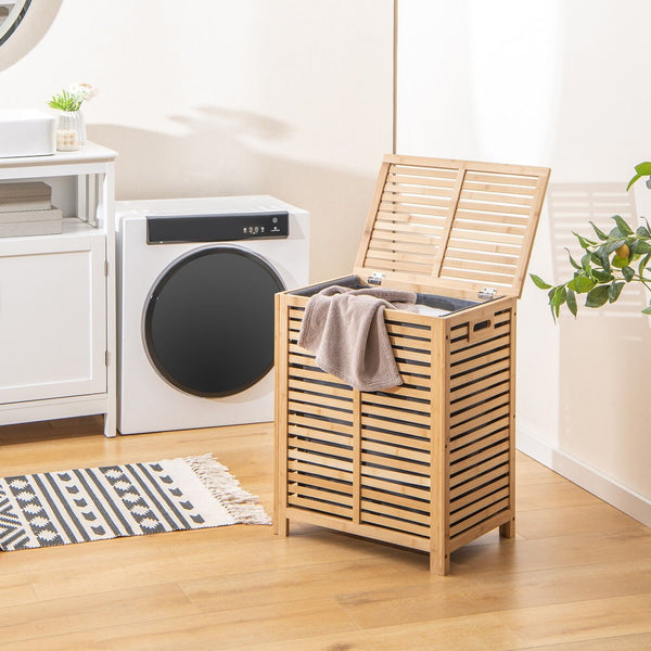 GOFLAME 80 L Bamboo Laundry Hamper, Clothes Laundry Basket W/ Lid & Handles, Removable Liner Bag, Spacious Storage Space, Laundry Organizer for Bathroom, Living Room, Bedroom, Easy Assembly