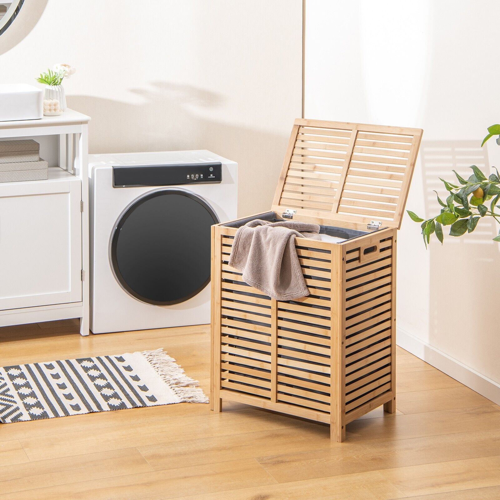 GOFLAME 80 L Bamboo Laundry Hamper, Clothes Laundry Basket W/ Lid & Handles, Removable Liner Bag, Spacious Storage Space, Laundry Organizer for Bathroom, Living Room, Bedroom, Easy Assembly