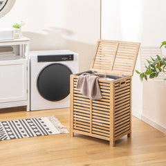 GOFLAME 80 L Bamboo Laundry Hamper, Clothes Laundry Basket W/ Lid & Handles, Removable Liner Bag, Spacious Storage Space, Laundry Organizer for Bathroom, Living Room, Bedroom, Easy Assembly