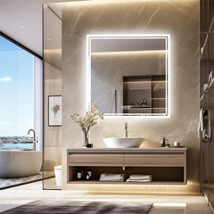Square LED Bathroom Mirror Measuring 800X800Mm, Featuring Illuminated Backlighting, Wall Mounting, an Anti-Fog Demister, a Smart Touch Button, And Dimmable Settings for Makeup Application