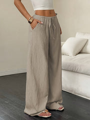 2pcs Women's Spring/Summer Casual Solid Color Waist-Tie Pocket Wide-Leg Pants Set, Suitable for Casual Daily Wear and Vacation