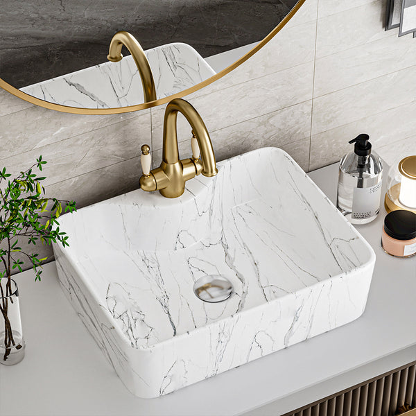 Rectangle Vessel Sink with Faucet Hole, Marble Effect Ceramic Countertop Bathroom Washbasin, Cloakroom Vanity Surface Mounted Ceramic Sink Vessel Washbasin with Pop Up Waste Drainer, Large Basin Sink for Lavatory, Bathroom, Vanity Unit, White Gloss, 480x3