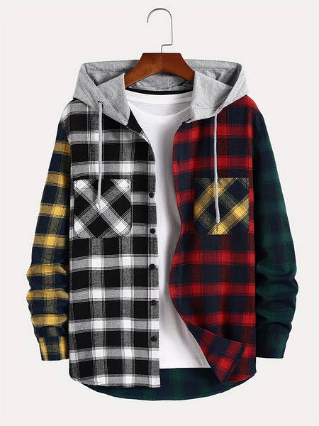 Men's Exquisite Gift: New College Style Trendy Hooded Cardigan with Contrast Color Multi-Patch Drawstring Pocket Design