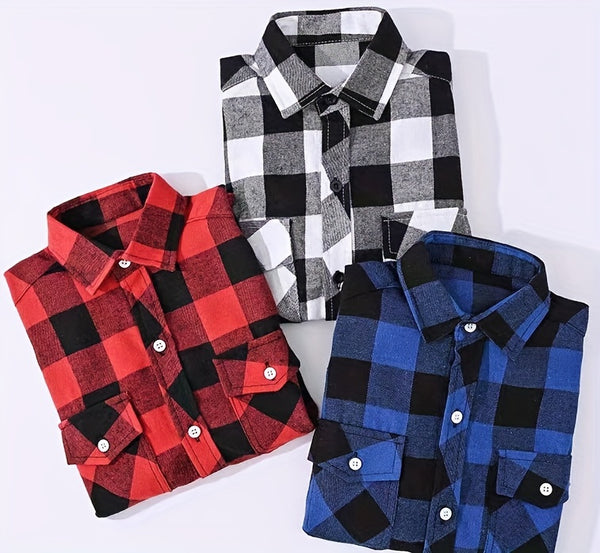 3 Men'S Plaid Shirt Top Lapel Long Sleeve Closure Men'S Casual Shirt Suitable for Men'S Daily Holiday Street Wear Casual Plaid Shirt Four Seasons Fashion Comfortable Fit Red, Blue And Black 3-Color Combination Pc Button Collar Chest Pocket