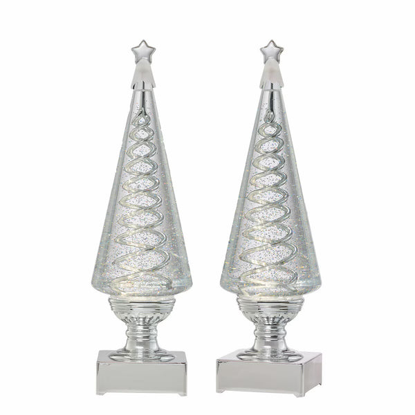14 Inch Lighted Spinning Spiral Glitter Trees in Silver - Set of 2