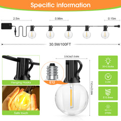 Outdoor Festoon Lights|LED Fairy Lights -65ft/100ft/150ft LED Garden String Light 20/30/45M+2 (Spare) Bulbs, IP65 WaterproofDimmable Timer G40 Bulbs Hanging Patio Lighting with Remote Control for Balcony Garden Gazebo Patio Awning Wedding Party (No Button