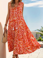 Spring/Summer Vacation Women'S Sleeveless Bohemian Style Fringed Tie-Up Printed Dress