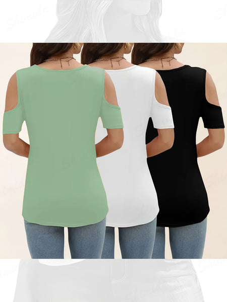 Three-Piece Summer Off-Shoulder Short-Sleeve T-Shirt, Casual Loose Eyelet V-Neck Solid Color Basic Off-Shoulder Short-Sleeve Top
