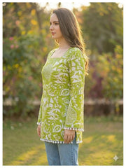 Estationeryhouse Cotton Printed Kurta Top, Long Sleeves, with White Tassels and Drawstring for Adjusting at Back