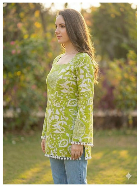Estationeryhouse Cotton Printed Kurta Top, Long Sleeves, with White Tassels and Drawstring for Adjusting at Back