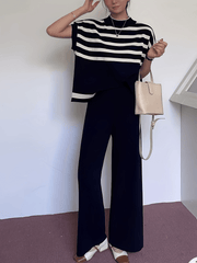 Spring/Summer Women's Fashion Set: Simple High-End Striped Vest Top + Fashionable Loose Wide-Leg Pants, Striped Color-Block Casual Outfit