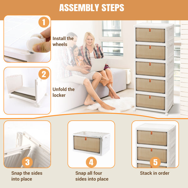 3 4 5 Tier Folding Storage Box, Plastic Collapsible Storage Box with Wheels, Stackable Storage Boxes with Lids and Front Opening Door Stackable Storage Boxes with Lids, 4 Wheels, Sturdy PP Matterial, Foldable Plastic Storage Unit for Toys/Office Supplies/