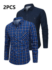 2pcs Set of Long-Sleeved Men'S Shirts, Autumn Men'S Clothing, Plaid Button- Shirts