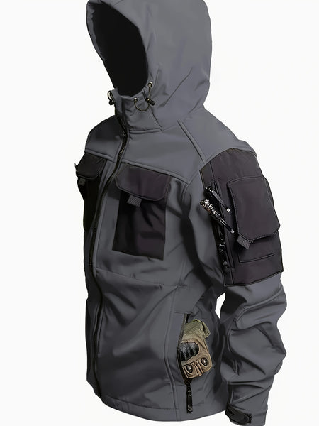 Men'S Fleece Warm Softshell Jacket Outdoor Camping Mountaineering Skiing Hiking Jacket Multi-Pocket Hooded Tactical Coat Autumn And Winter Workwear