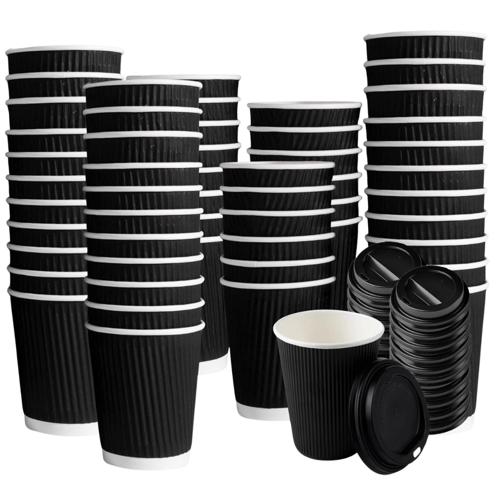 100pcs Black Ripple 8oz Disposable Cups with Black Lids | Insulated Paper Coffee Cups for Hot & Cold Drinks