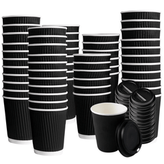 100pcs Black Ripple 8oz Disposable Cups with Black Lids | Insulated Paper Coffee Cups for Hot & Cold Drinks