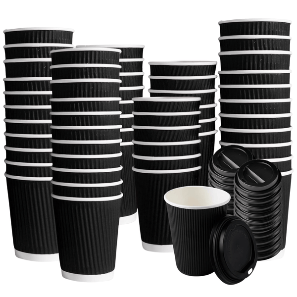 100pcs Black Ripple 8oz Disposable Cups with Black Lids | Insulated Paper Coffee Cups for Hot & Cold Drinks
