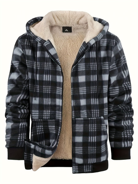 Men's Heavyweight -Lined Hooded Jacket - Full-Zip Plaid Thickened Shirt with Pockets and Adjustable Drawstring, Comfortable and Warm for Autumn and Winter
