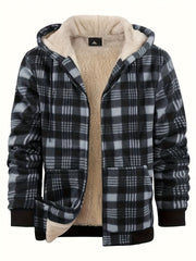 Men's Heavyweight -Lined Hooded Jacket - Full-Zip Plaid Thickened Shirt with Pockets and Adjustable Drawstring, Comfortable and Warm for Autumn and Winter