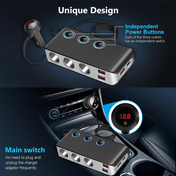 OOWOLF Cigarette Lighter Adapter 140W Cigarette Lighter USB Charger with 12V USB Socket Dual Plug/Port & Extension Lead Fast Charge for All Car Devices