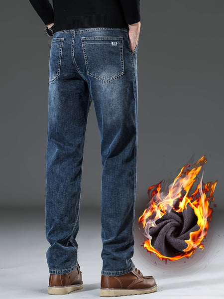 Men's Heavy-Themed Winter Light Business Casual Pants - Thickened Warm Washed Denim, Loose-Fit Mid-Rise with Internal Zipper Closure, Solid Color for Professional & -Casual Wear (Machine Washable)