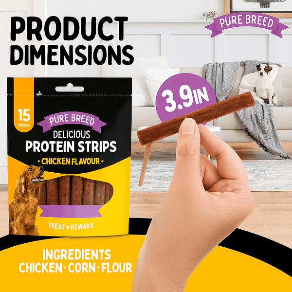 Pure Breed Chicken Protein Strips Dog Treats – Low Calorie 16 Cal Each – Soft Chewy Training Treats for Dogs & Puppies – 150g