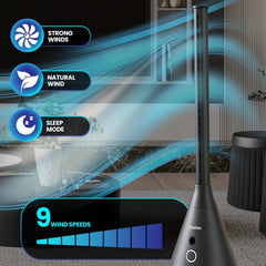 Schallen Bladeless Tower Fan with 9 Speed Settings, 8 Hour Timer, Oscillating Cooling Fan with Digital Display and Remote Control, Quiet DC Motor Free Standing Floor Fan for Home Office Bedroom, Modern Black and Grey Slim Tower Fan with Safe Bladeless Tec
