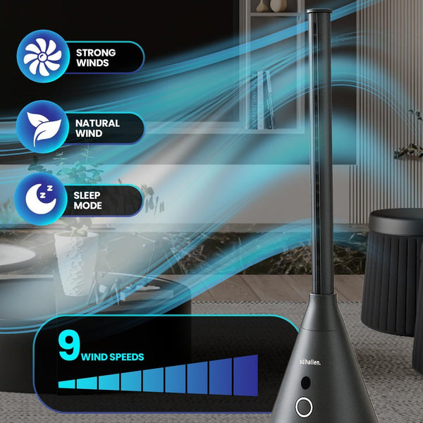 Schallen Bladeless Tower Fan with 9 Speed Settings, 8 Hour Timer, Oscillating Cooling Fan with Digital Display and Remote Control, Quiet DC Motor Free Standing Floor Fan for Home Office Bedroom, Modern Black and Grey Slim Tower Fan with Safe Bladeless Tec
