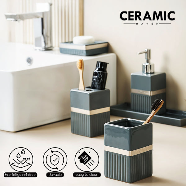 Ceramic Haven Elegance Collection | Set of 5 Luxury Bathroom Accessories | Soap Dispenser, Toothbrush Holder, Multipurpose Holder, Tumbler, Vanity Tray | Stylish Décor & Organizer