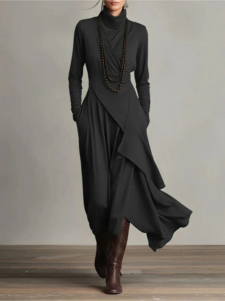 Women'S French-Style A-Line Dress | Slim-Fit Long Sleeve High Neck Midi Skirt, Solid Color Versatile Commuting Dress for Office & Outerwear, Elegant French Long Dress for All-Season Wear, XIUDEEN (Hand Wash/Dry Clean)