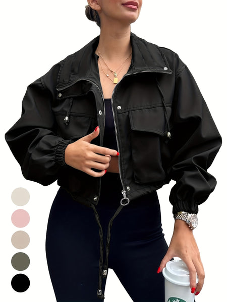 Womens Cropped Jacket Zip Up Lightweight Oversized Utility Anorak Coat with Pockets