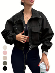 Womens Cropped Jacket Zip Up Lightweight Oversized Utility Anorak Coat with Pockets
