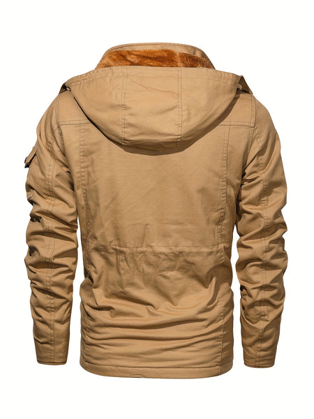 2025 New Winter Casual Multi-Pocket Workwear Hooded Men's Jacket with Lining, Mid-Length with Detachable Hood