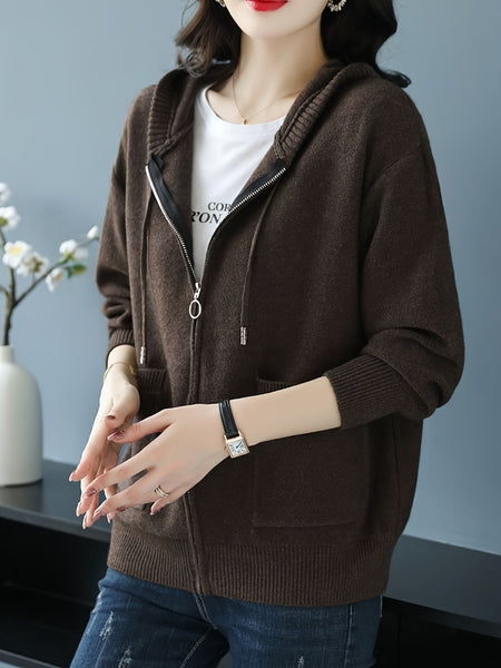 Women's New Fashionable Hooded Sweater, Outerwear with Hood, Cashmere Cardigan Autumn Wear, Drawstring Hood Design, Loose Fit, Cashmere Fabric Texture, Suitable for Women Who Pursue Comfort, Fashion and Warmth.