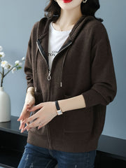 Women's New Fashionable Hooded Sweater, Outerwear with Hood, Cashmere Cardigan Autumn Wear, Drawstring Hood Design, Loose Fit, Cashmere Fabric Texture, Suitable for Women Who Pursue Comfort, Fashion and Warmth.