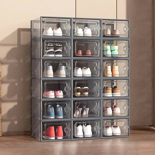 Pack of 12 Stackable Shoe Boxes Shoe Storage Organisers, Sturdy & Durable, Space Saving, Shoe Organizer Containers with Lids for Women/Men, Ideal for Entryway, Closet, Living Room, Bedroom, Office, Dorm, Fit Up To UK Size 9.5, 23x33x14cm