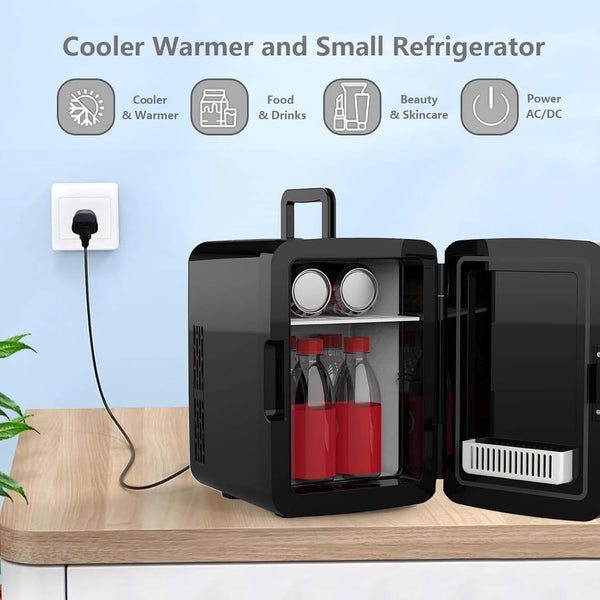 Crystals 4/10/15L Litre Mini Fridge, Table Top Small Fridge Cooler & Warmer for Car Bedrooms Desk Office, 12V DC - 220 AC, Mini Fridge for Bedrooms – Energy Efficient (Black, 10L Litre)