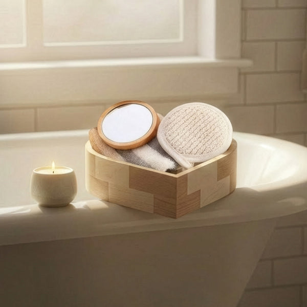 Boxed Heart-Shaped Bath Set - A wooden spa gift kit for bathrooms, featuring a heart-shaped wooden bucket. Includes a loofah, pumice stone, massager, and brush. This natural relaxation and body care kit is ideal for home use and bathroom decoration.