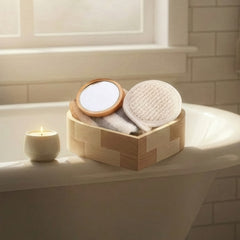 Boxed Heart-Shaped Bath Set - A wooden spa gift kit for bathrooms, featuring a heart-shaped wooden bucket. Includes a loofah, pumice stone, massager, and brush. This natural relaxation and body care kit is ideal for home use and bathroom decoration.
