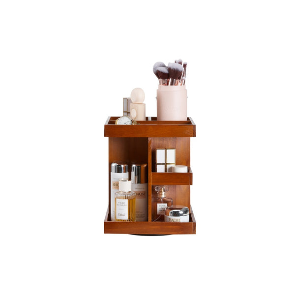 Wood Makeup Storage Box - 360-Degree Rotating Display Stand for Lipsticks, Skincare & Jewelry, Multi-Layer Organizer 22.5 * 22.5 * 27.5cm