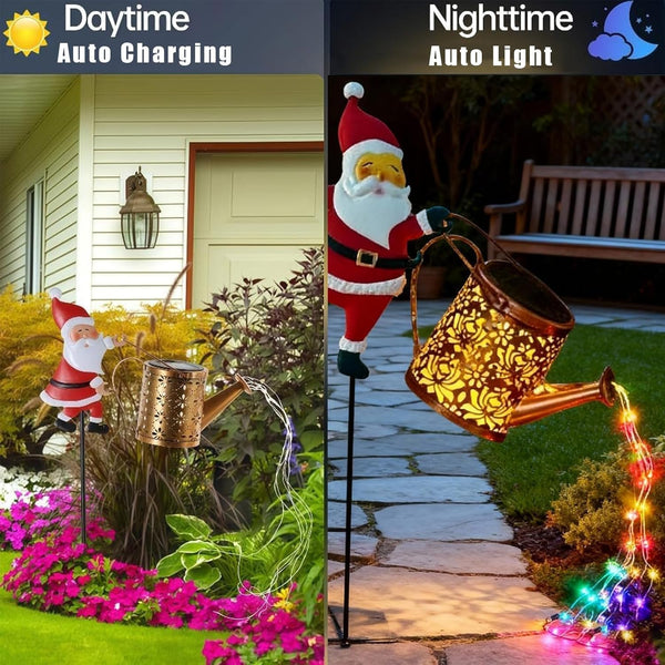 Solar Santa Claus Watering Can Lights, Christmas Santa Solar Kettle Lights, Garden Lawn Decorative LED Light with Cascading Light, Waterproof Decoration for Patio, Pathway (2PCS-B)