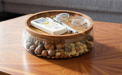 Glass Fruit Bowl with Wooden Lid, Decorative Serving Bowl with Acacia Tray Cover – Large Clear Storage Bowl for Fruit, Snacks, Sweets, Salad or Table Display