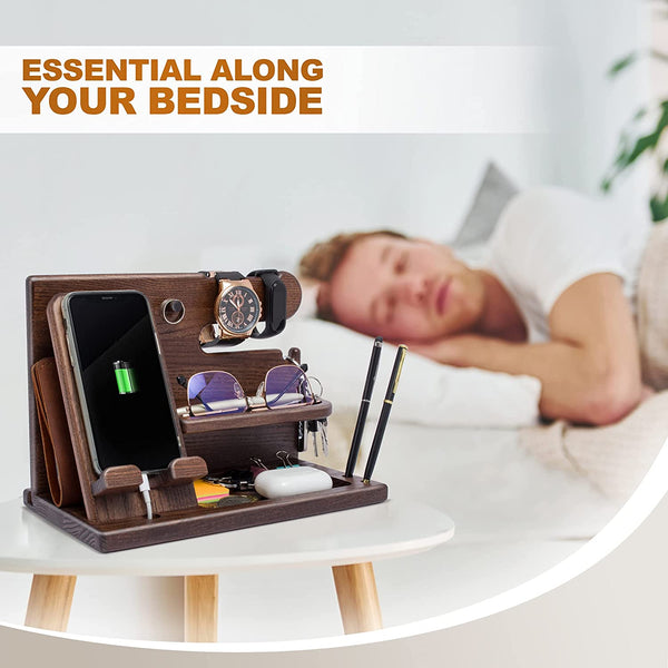 Gifts for Men Wood Phone Docking Station Desk Organizer Fathers Gifts Gifts for Him Xmas Gift Anniversary Birthday Presents Nightstand Key Wallet Stand for Men, Boyfriend, Dad (Brown)