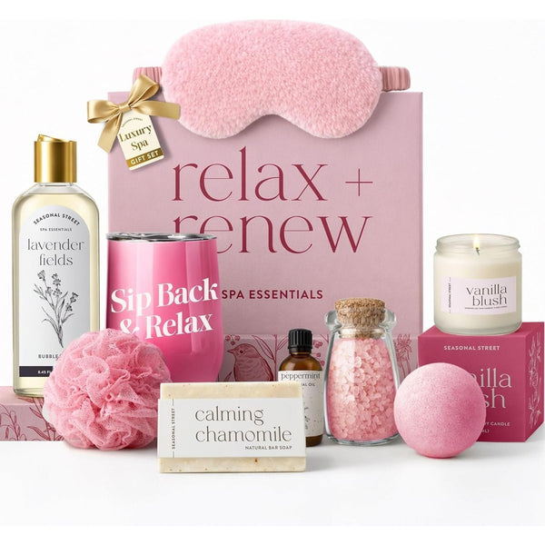 Gift Set with Wine Tumbler, Candle, Silk Sleep Mask, Bath Salts in Glass, Bath Bomb, Essential Oil, Bubble Bath Soap, Loofa and Soap Bar - Eye Catching and Unique Spa Bath Gift Set
