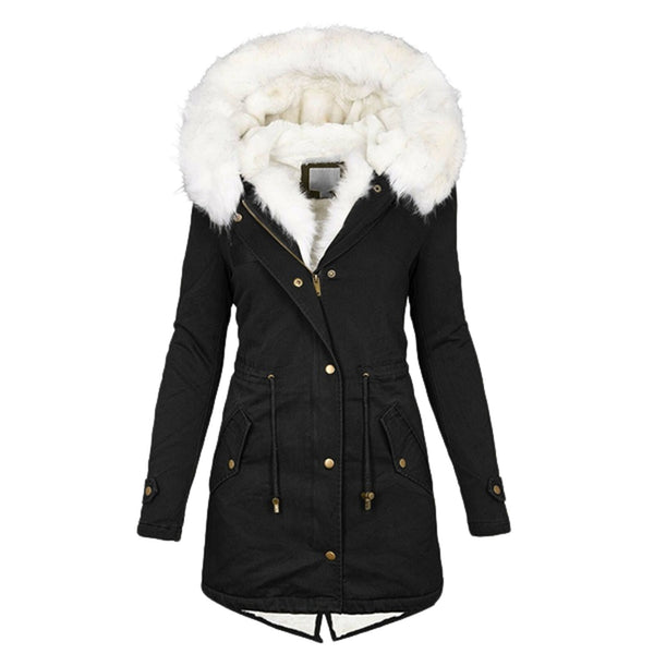 Women's European/American Style Winter Parka Jacket with Collar & Waist-Cinching  - Beige Coat, -Tone Zippers, Pockets - Machine Washable Cold Weather Outerwear (Casual to Formal)